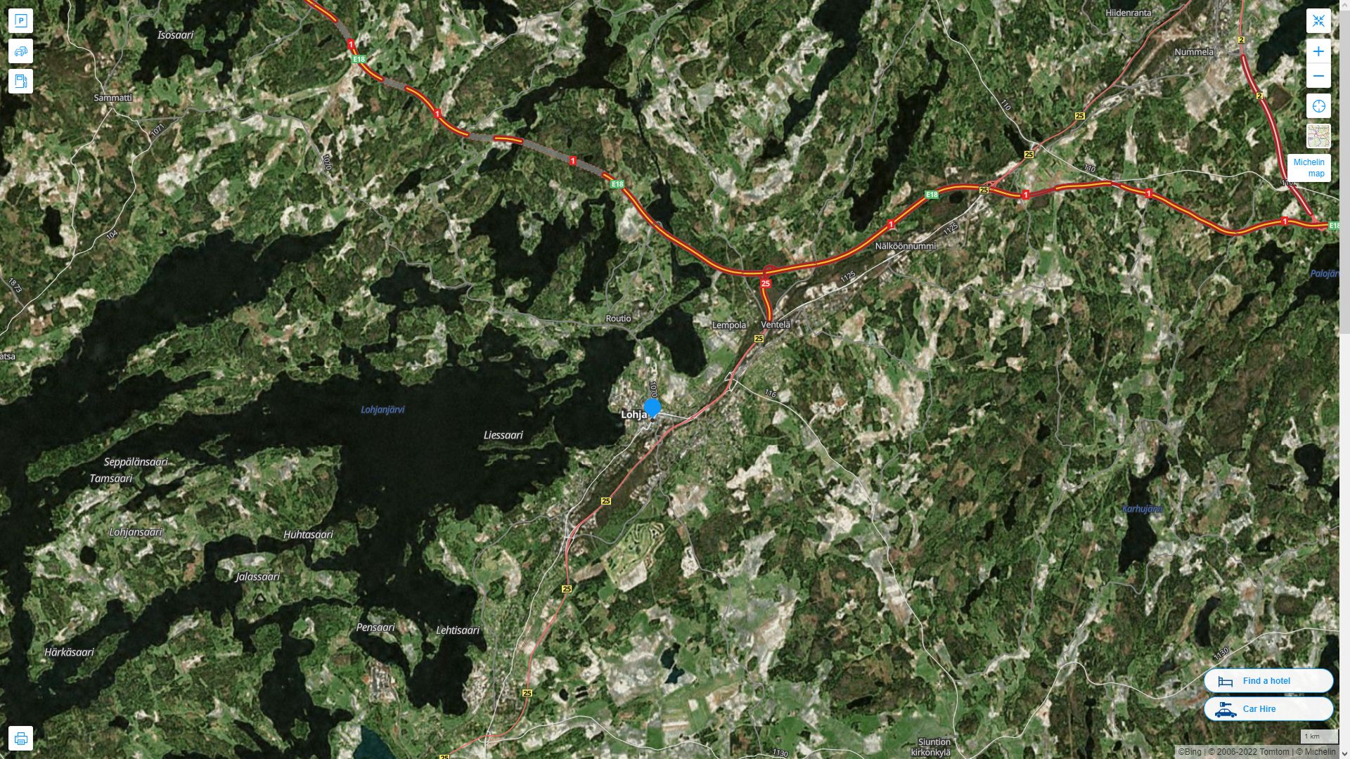 Lohja Finlande Autoroute et carte routiere avec vue satellite